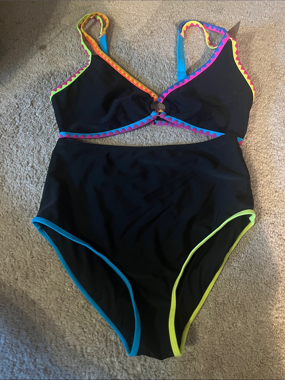 Black Women's Two-Piece Bikini Set with Neon Trim one top and two bottoms, NWOT - Picture 2 of 7
